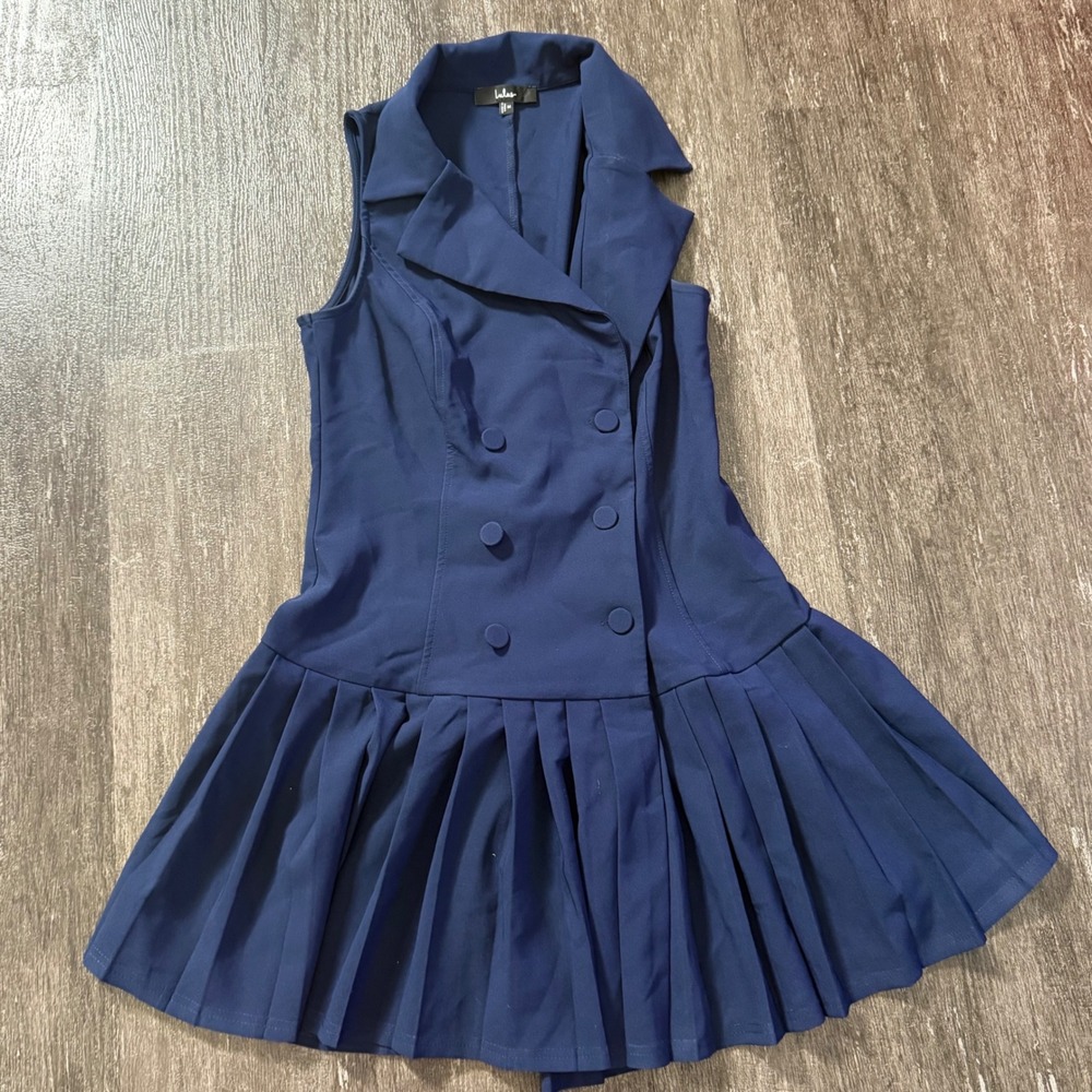 Lulu's Navy Double-Breasted Pleated Mini Dress